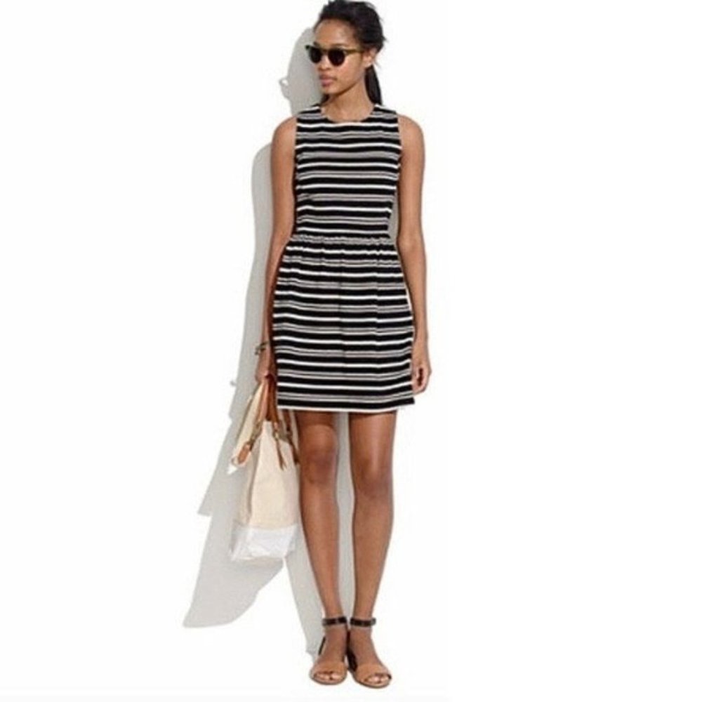 Madewell Black Cream Afternoon Stripe Textured Sleeveless Dress Size Small